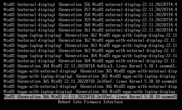 Picture showing a GRUB boot menu with many entries including egpu-with-external display and egpu-with-laptop-display Picture showing a GRUB boot menu with many entries including egpu-with-external display and egpu-with-laptop-display